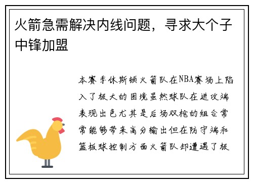 火箭急需解决内线问题,寻求大个子中锋加盟